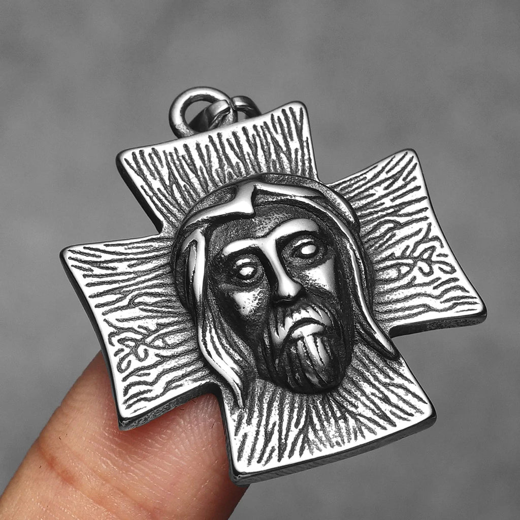 Jesus Face Cross Pendant Necklace for Men — Stainless Steel