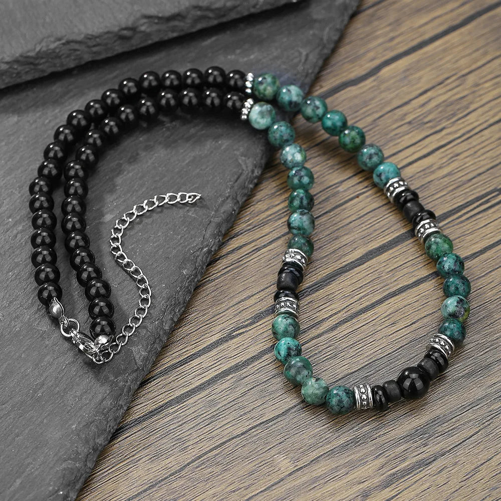 1PC INGX Man's Retro Ethnic Style Natural Flash Stone Necklace for Men Black Beaded Surfer Necklace Man Jewelry Collar Hombre