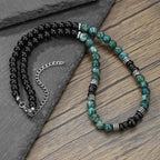 1PC INGX Man's Retro Ethnic Style Natural Flash Stone Necklace for Men Black Beaded Surfer Necklace Man Jewelry Collar Hombre