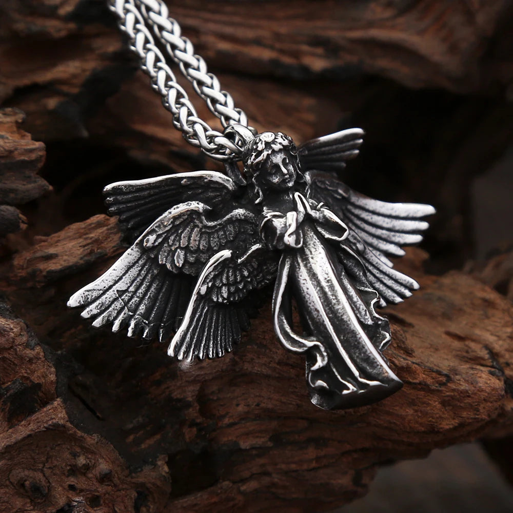 Angel Wings Steel Pendant Vintage Praying Hand