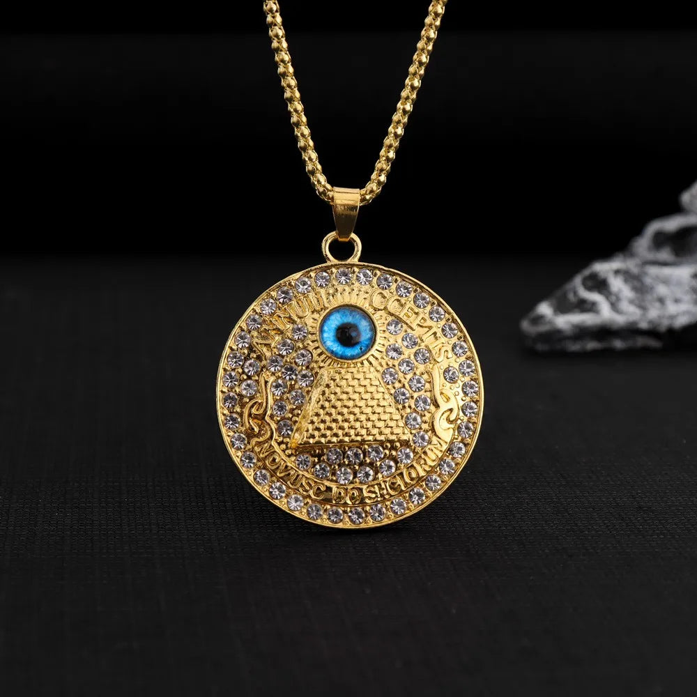 Iced Out Eye of Horus Pyramid Pendant Necklace — Gold-Tone