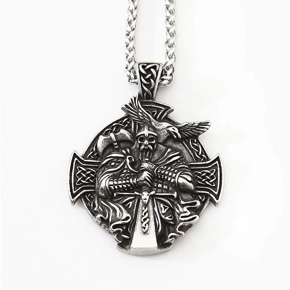 Vintage Viking Warrior Odin Necklace Men Nordic Stainless Steel Cross Trinity Pendant Necklace Gothic Skull Chain