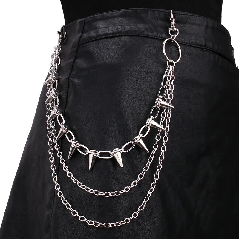 Punk Spike Rivet Layered Metal Chain Keychains For Men Women Pants Jeans Biker Gothic Rock Belt Chains Jewelry Accessories Gift