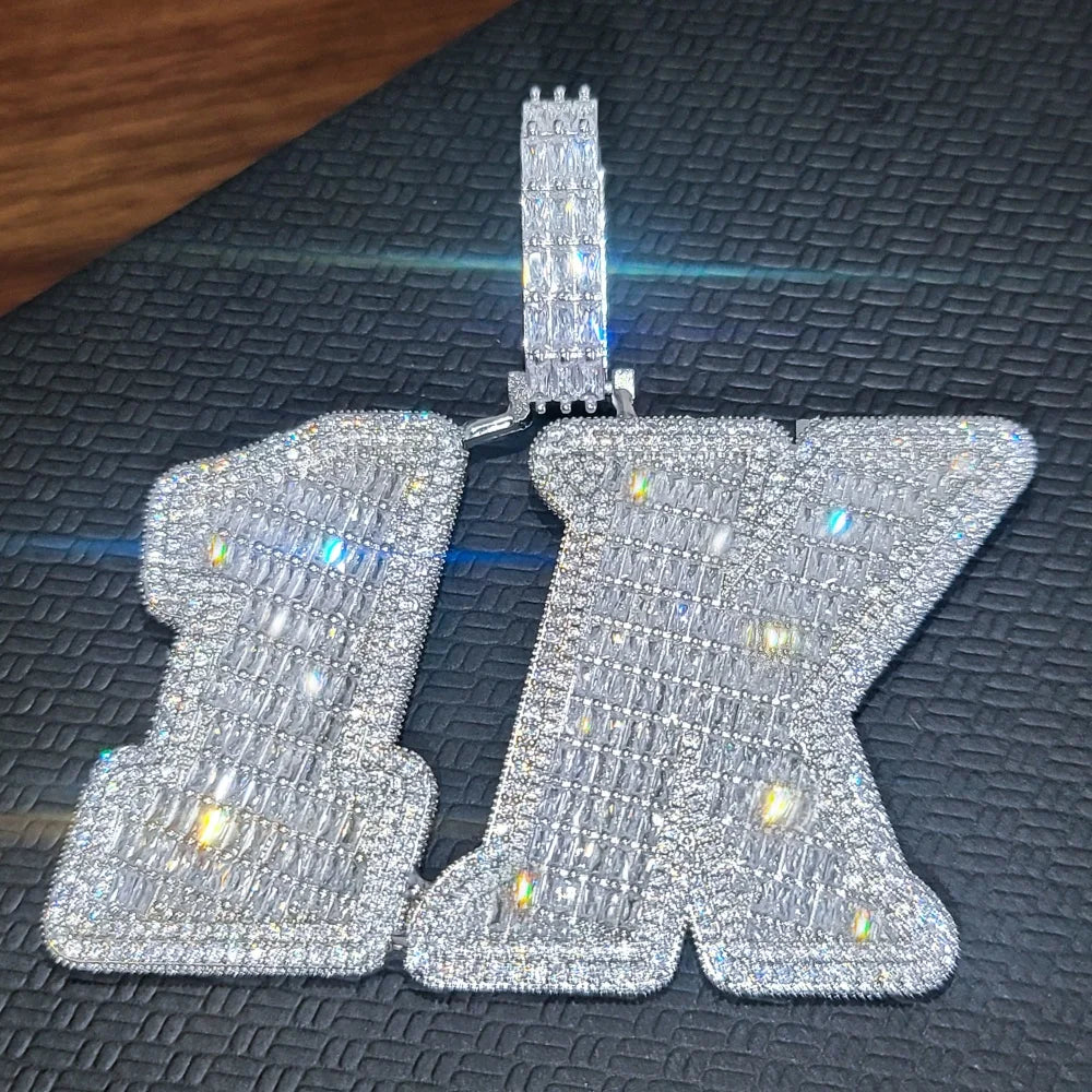 Custom Ice Number Word Pendant Chain Icy Baguettecz Letter Necklace Solid Back Laser Engraving Personalized His Birthday Gifts