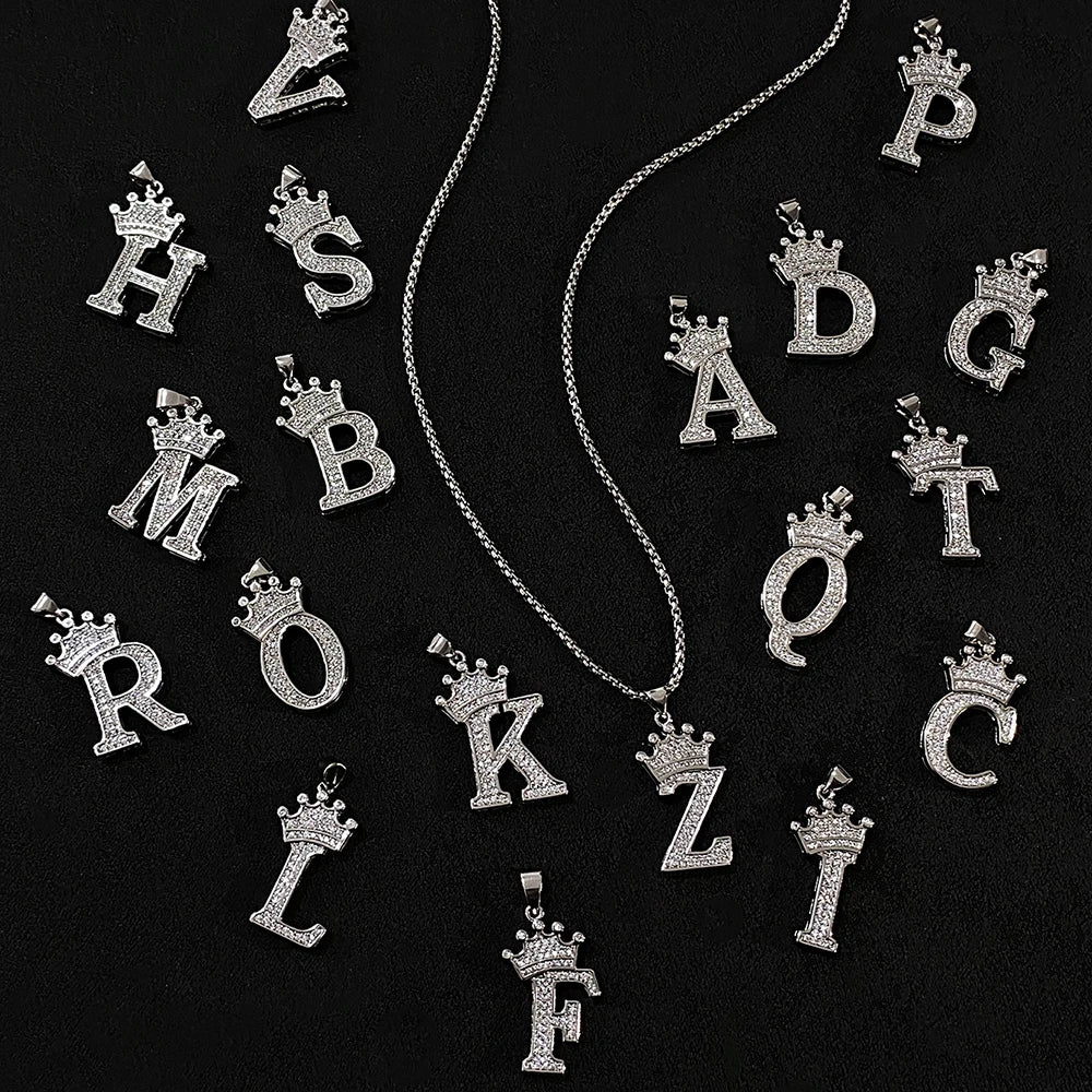 Freetry 26 Letters A-Z Zircon Crown Pendant Necklace for Women Men Punk Initial Alphabet Necklaces Hip Hop Choker Chain