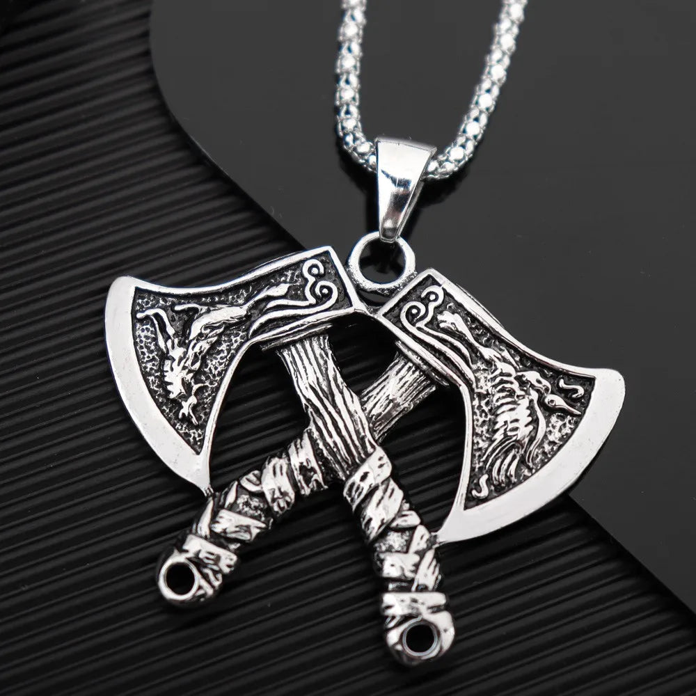 NORRON Wolf Eagle Relief Double Battle Axe Pendant Necklace Men Personality The Phoenix Viking Axe Alloy Pendant Fashion Jewelry
