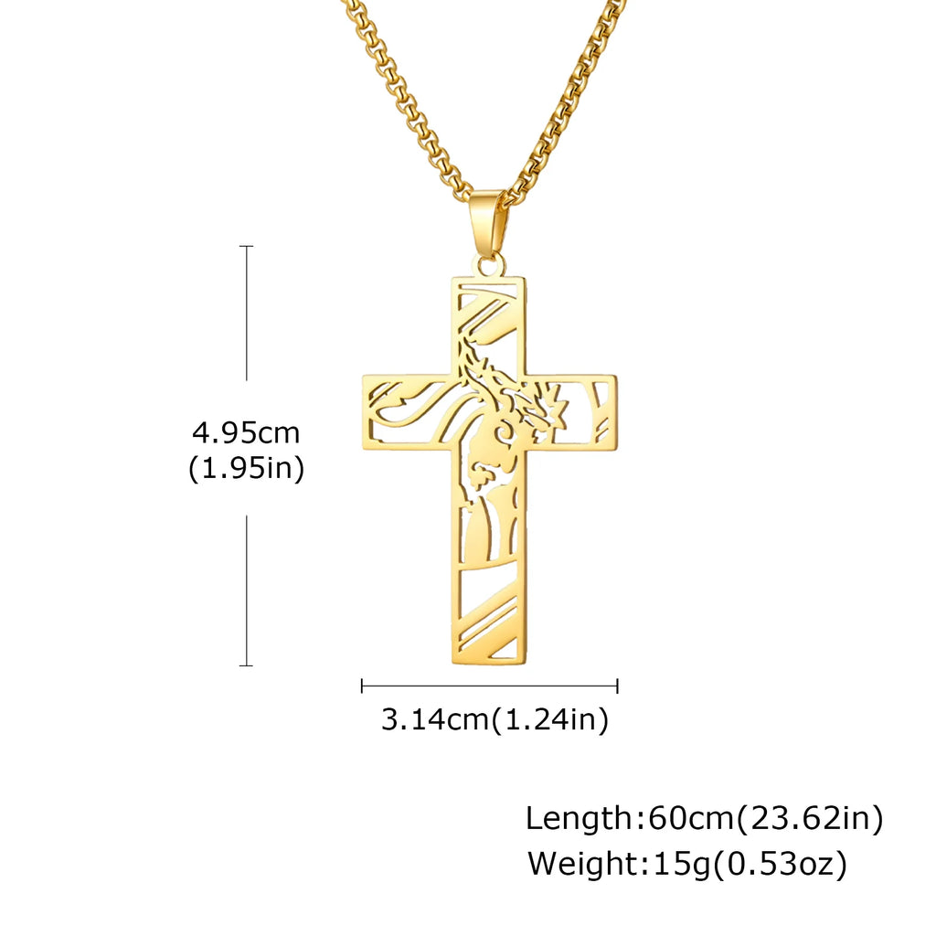 Catholic Jesus Cross Pendant Necklace for Men Women Stainless Steel Long Chain Vintage Necklaces Waterproof Christian Jewelry