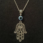 Gothic Retro Silver Color Hollowed-out Pattern Fatima's Hand Evil Eye Pendant Necklace for Women Men Halloween Amulet Jewelry