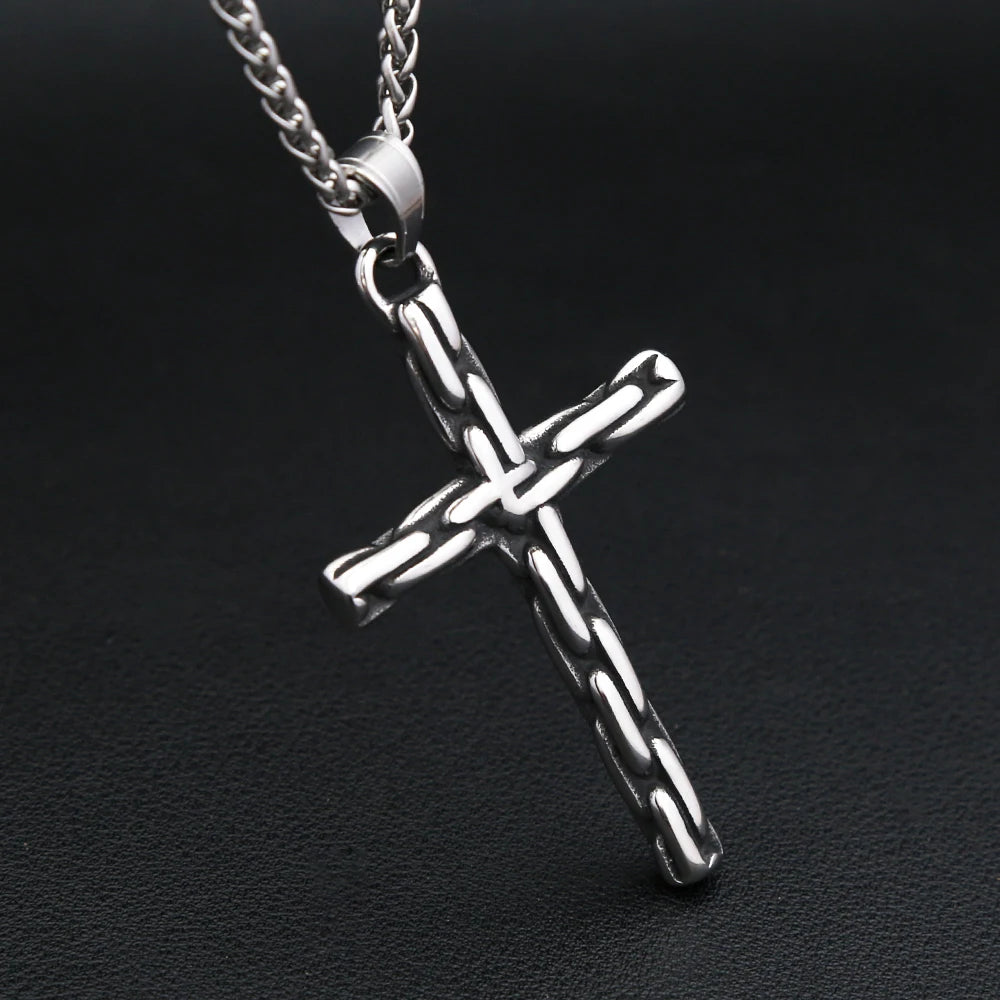 Unique Vintage Creative Cross Pendant Necklaces For Men Stainless Steel Gothic Hip Hop Chained Cross Necklace Biker