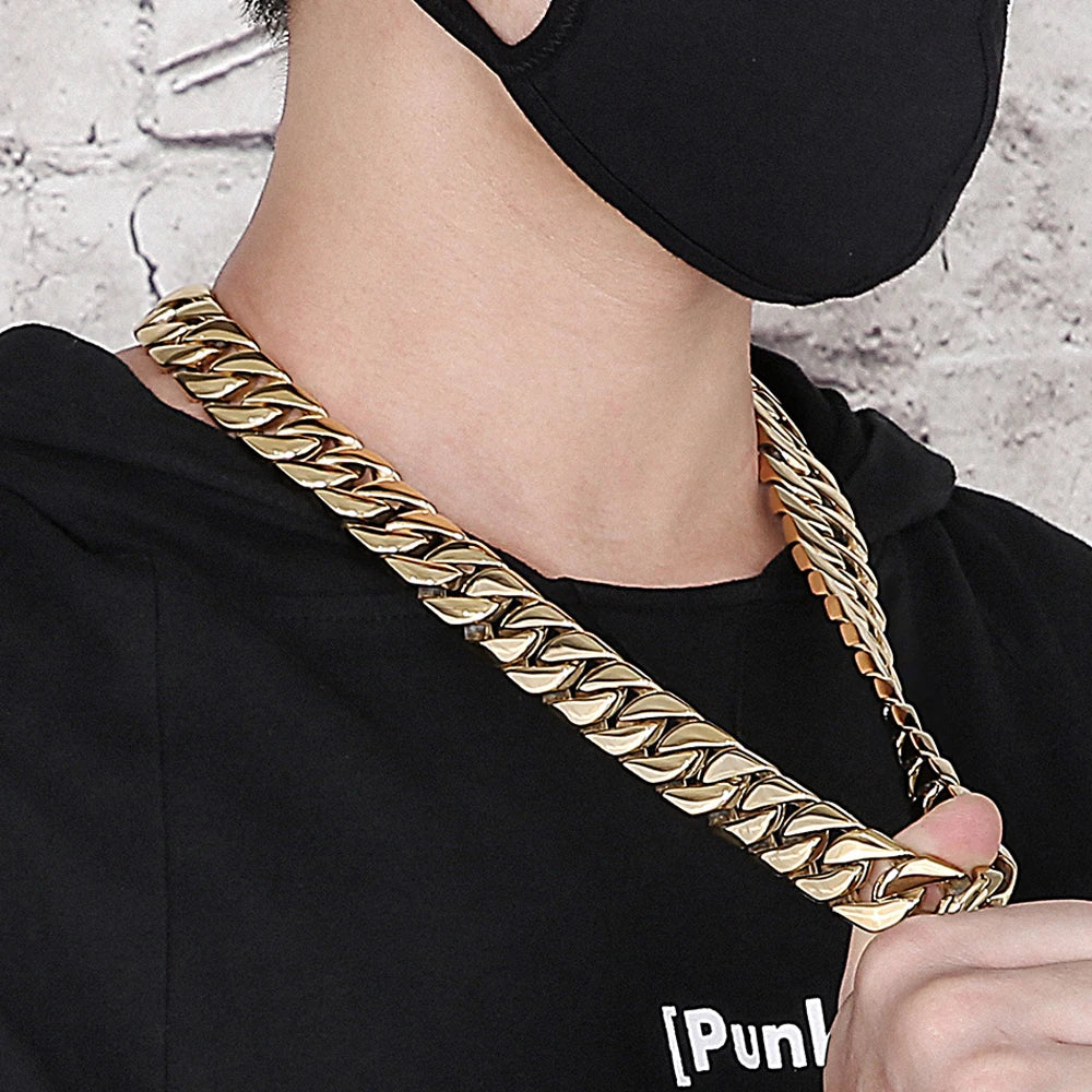 Mens Necklaces Brushed Gold Color Stainless Steel 20MM Wide Curb Chain Tight Cuban Link HipHop Neck Chains for Men