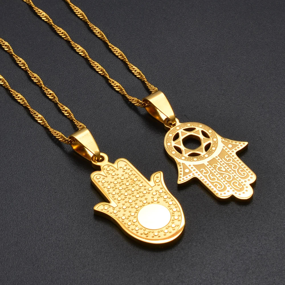 Anniyo Hamsa Hand Pendant Necklaces for Women  Men Arab Middle East Palm Shaped Ethnic Jewelry @276821