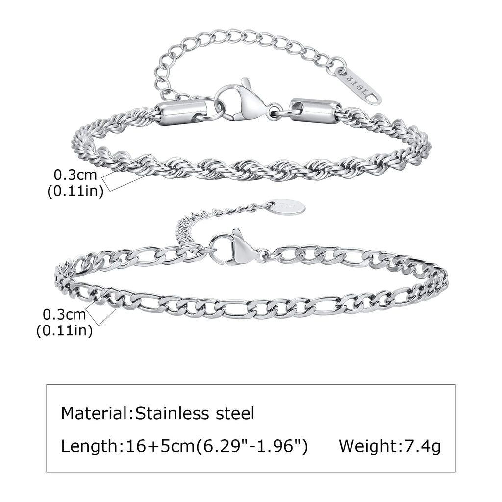 Figaro Rope Chain Bracelet Set Silver — Stainless Steel