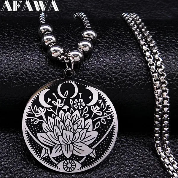 Wiccan Lotus Moon Eye Pendant Necklace — Stainless Steel