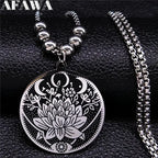 Wicca Lotus Stainless Steel Necklaces Pendants for Men Black Silver Color Moon Eye Long Chain Necklace Jewelry Colgante Hombre