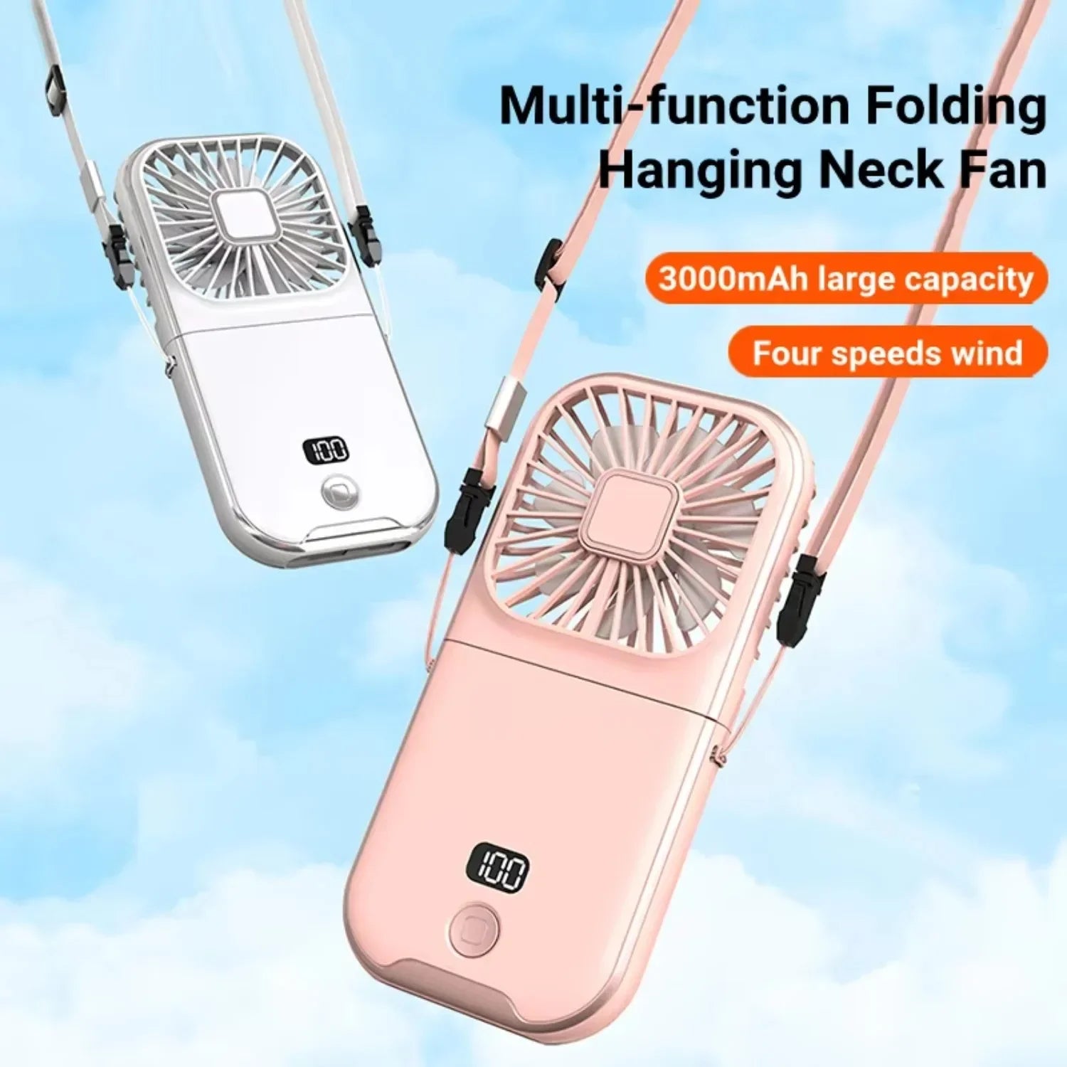 3000mAh battery powered mini outdoor portable USB neck fan rechargeable 180 ° folding wireless desktop fan，gift