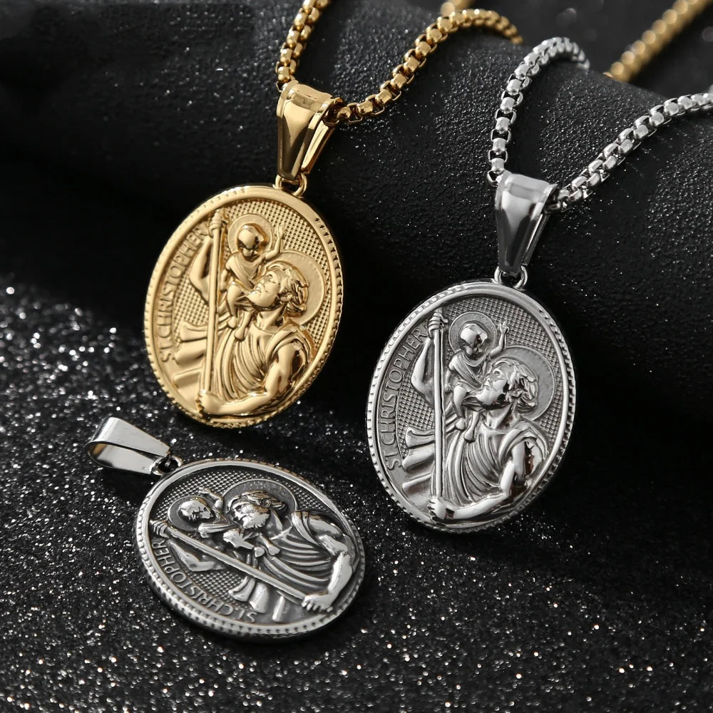 Religious St. Christopher Protect Us Necklace For Men Stainless Steel Geometric Oval Pendant Collares Jewelry