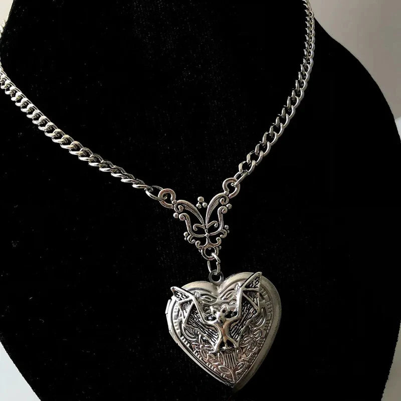 Gothic Bat Locket Pendant Necklace — Stainless Steel
