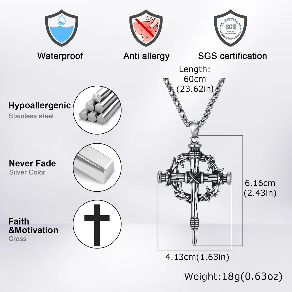 Thorn Crown Crucifix Necklace Franco Chain — Stainless Steel