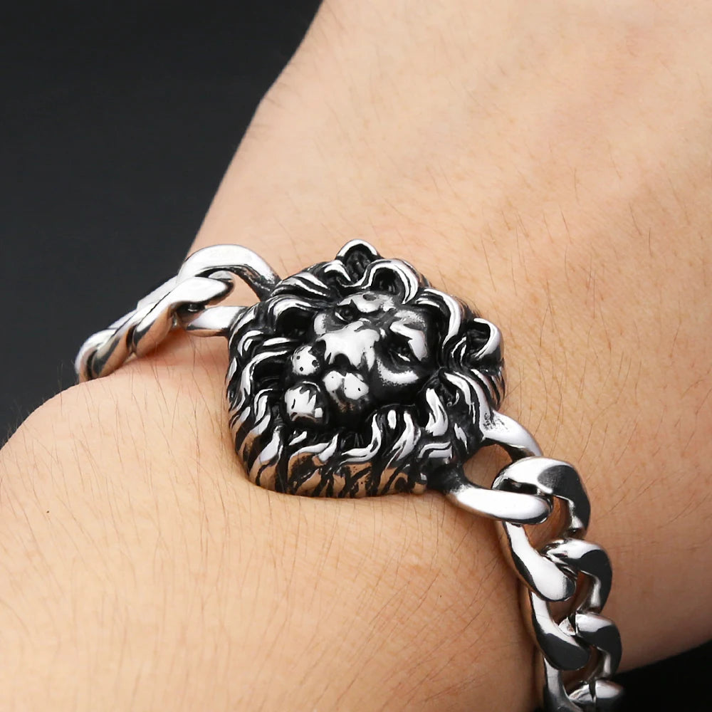 Vintage Domineering Tiger Lion Head Charm Bracelet For Men Women Stainless Steel Fashion Gothic Animal Jewelry Gift