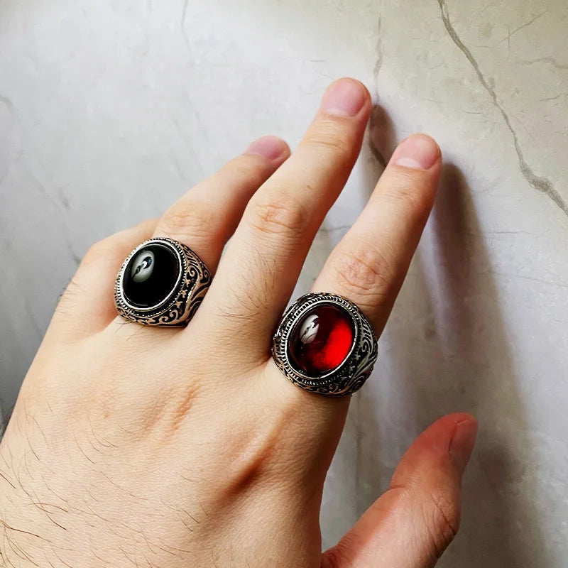 Retro Resin Gem Engraving Flower Pattern Ring For Men Punk Gothic Zinc Alloy Ring Designer Jewelry Unisex Accessories