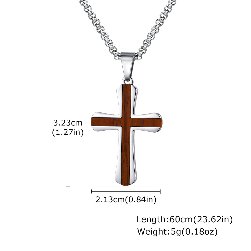 Wood Cross Silver Pendant Necklace — Stainless Steel