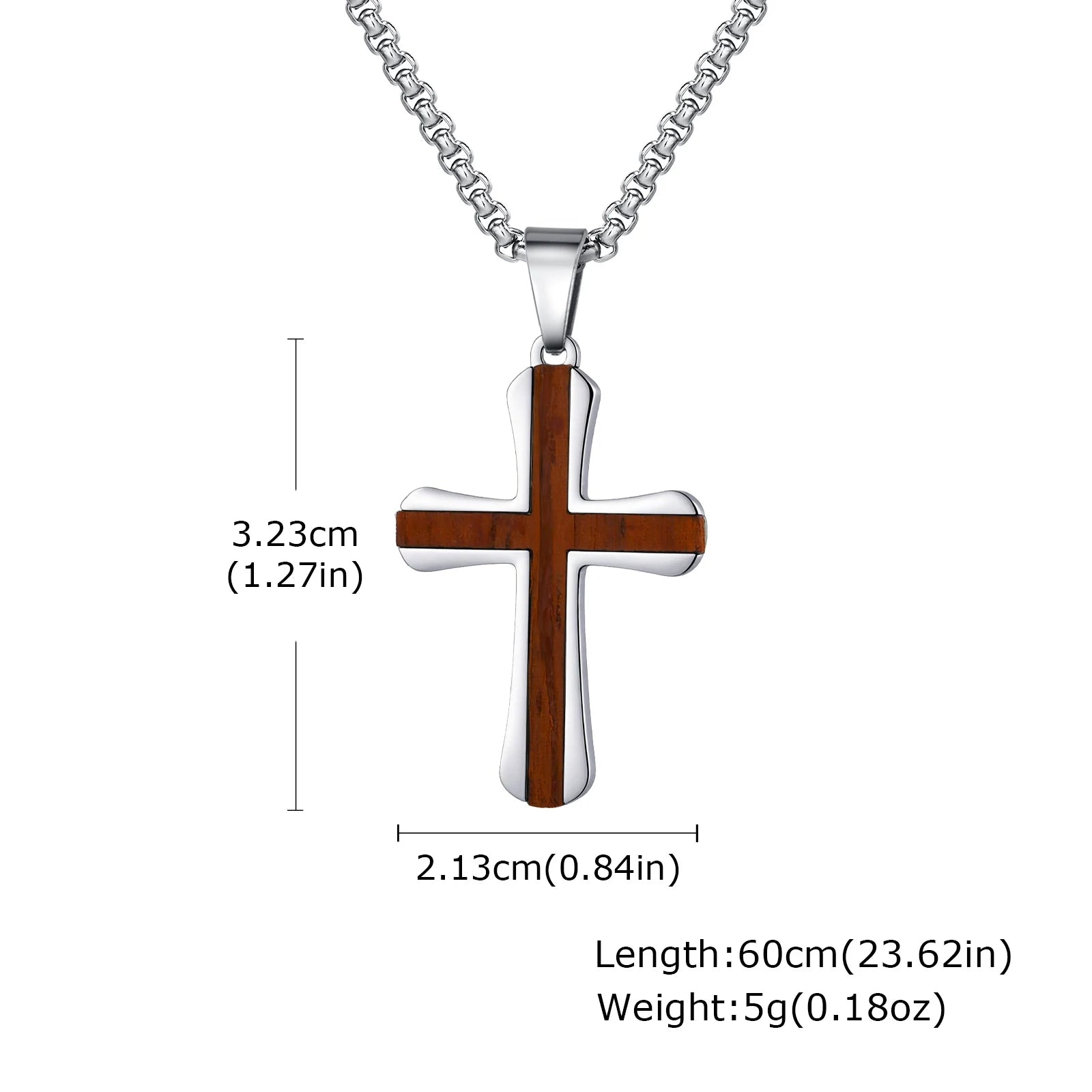 Wood Cross Silver Pendant Necklace — Stainless Steel
