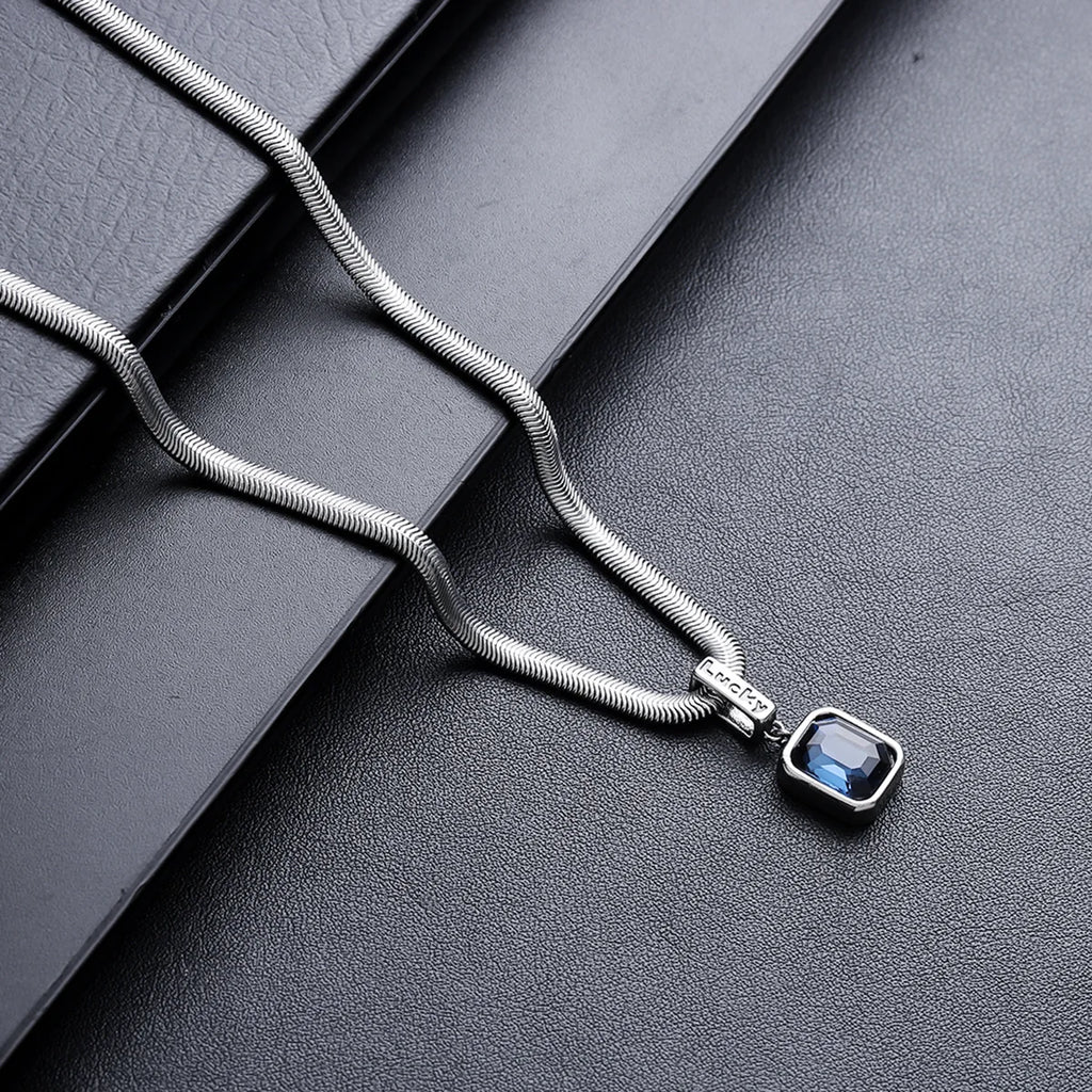 Blue Crystals Geometric Pendants Snake Bone Chain Titanium Steel Men Personality High-end Versatile Necklaces Fashion Jewelry