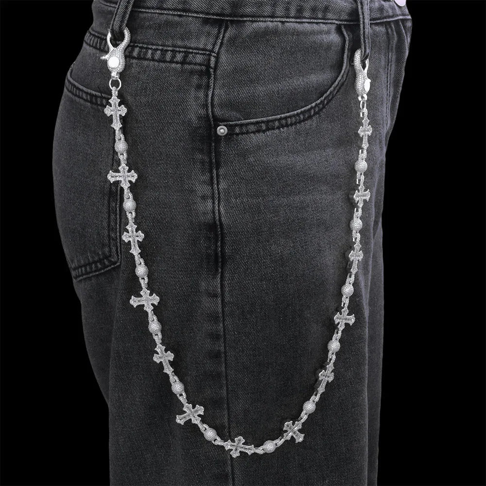 Silver Cross Iced Out Pants Chain 18MM