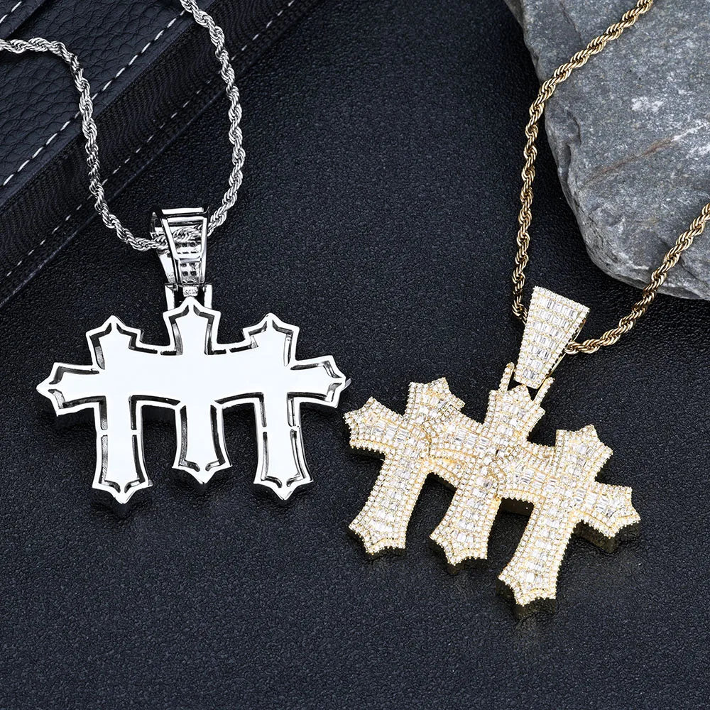 Two-Tone Cross Pendant Baguette Iced Out
