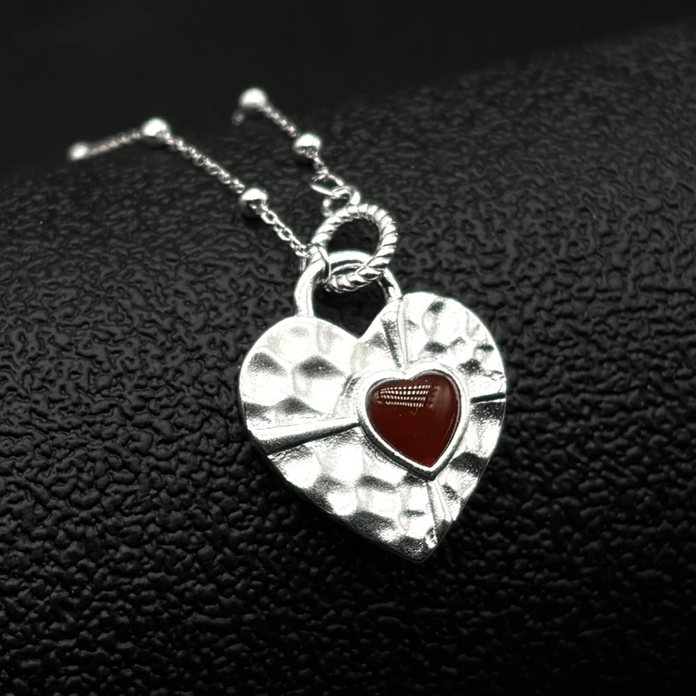 Heart Silver Pendant Sterling Red Glass Clavicle