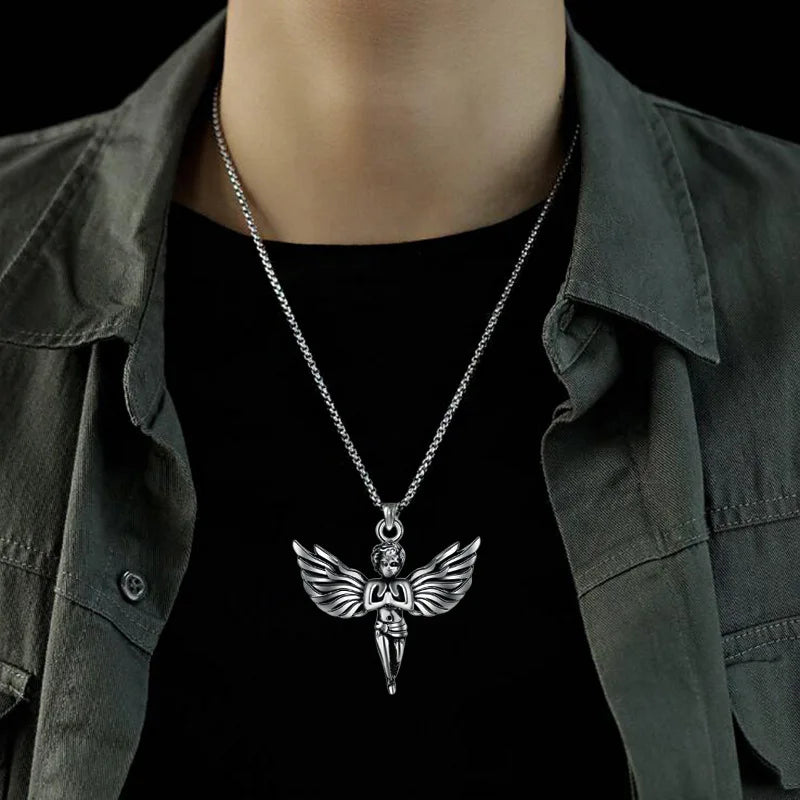 Silver Angel Wing Feather Pendant Necklace