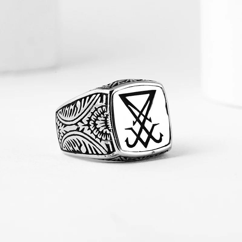 Vintage Sigil Lucifer Rock Ring 316L Stainless Steel Seal of Satan Rings for Men Male Punk Rock Jewelry OSR918
