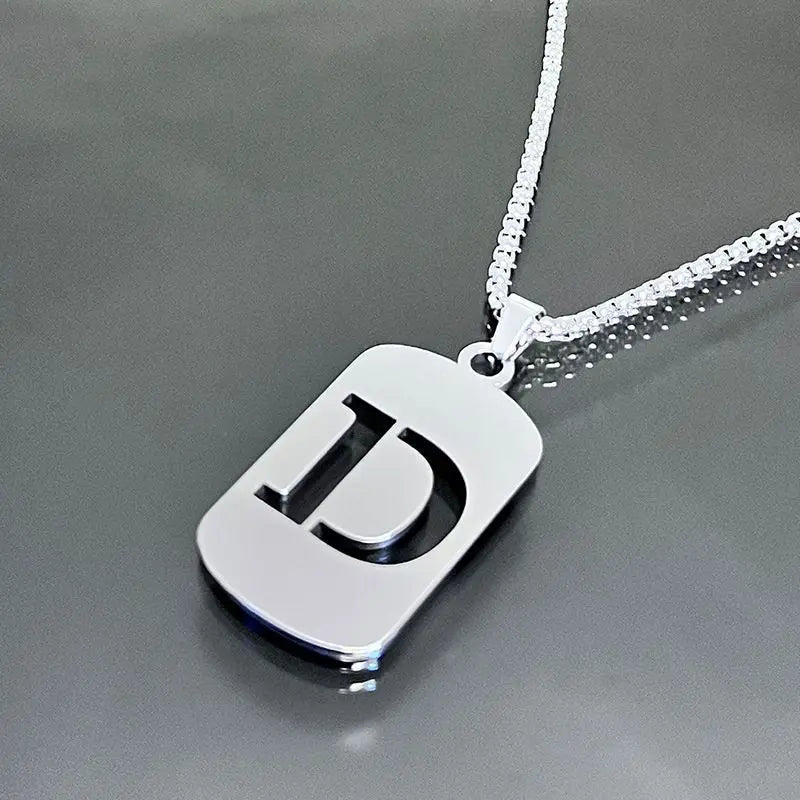 Initial Letter Tag Pendant Necklace — Stainless Steel