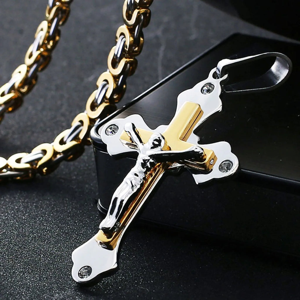 Crystal Crucifix Jesus Byzantine Chain Necklace — Stainless Steel