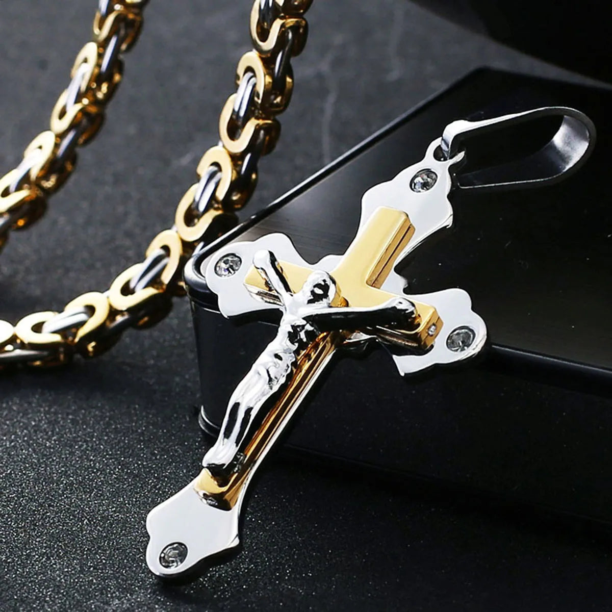 Crystal Crucifix Jesus Byzantine Chain Necklace — Stainless Steel