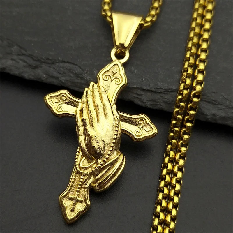 Praying Hands Cross Pendant Necklace — Gold