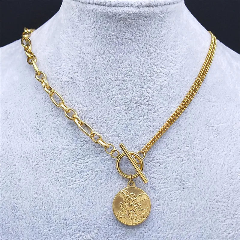 SAINT MICHAEL PROTECT US Archangel Chain Necklace for Women Men Gold Color Stainless Steel Protection Jewelry collier
