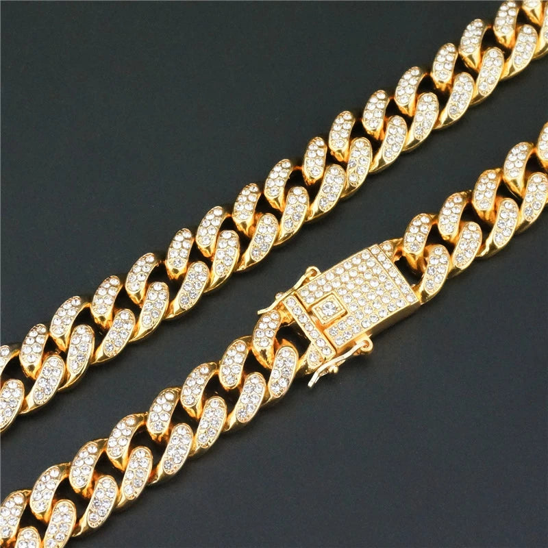 13MM AAA Rhinestone Iced Out Miami Cuban Link Chain Necklace For Men Women Chains Hip Hop Silver Color Jewelry On The