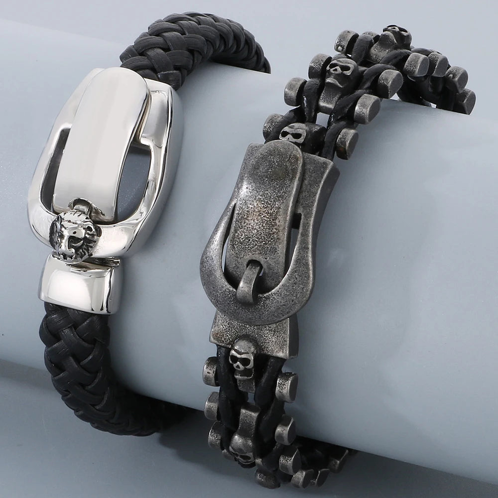 Biker Men‘s Bracelet Punk Braided Leather With Skull Lion Head Buckle Rope Cool Hip Hop Stainless Steel Jewelry Gift