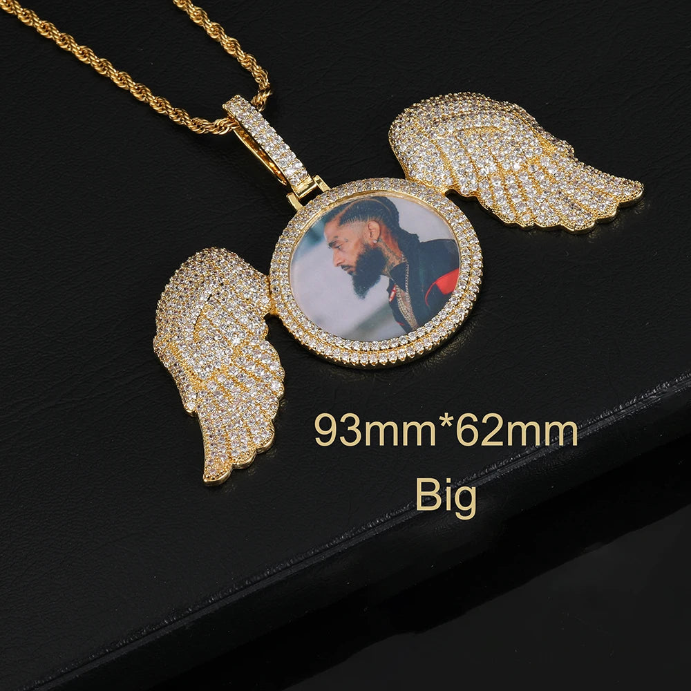 Angel Wings Photo Pendant Necklace Iced Out