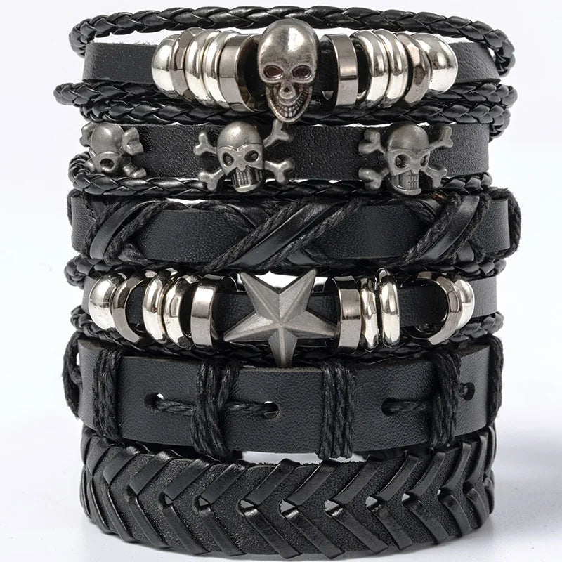 4/5/6pcs Evil Eye Wing Star Skull Diy Braided Punk Style Bracelet Set, Featuring Pu Leather And Beads Bracelet