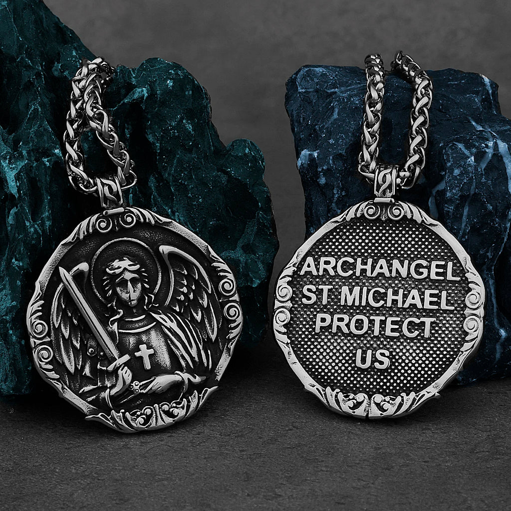 St. Michael Archangel Cross Protection American Pendant Men's Women's Vintage Charm Pendant Necklace Stainless Steel Jewelry