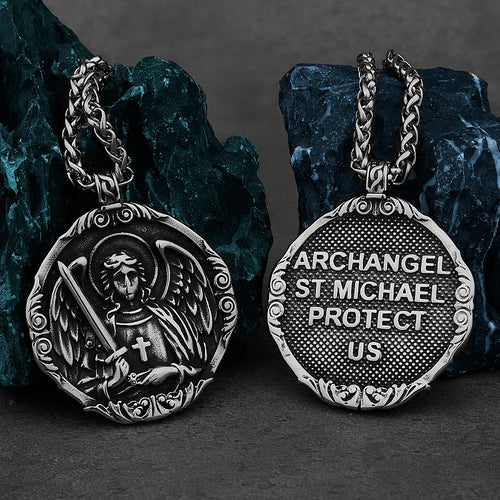 St. Michael Archangel Cross Protection American Pendant Men's Women's Vintage Charm Pendant Necklace Stainless Steel