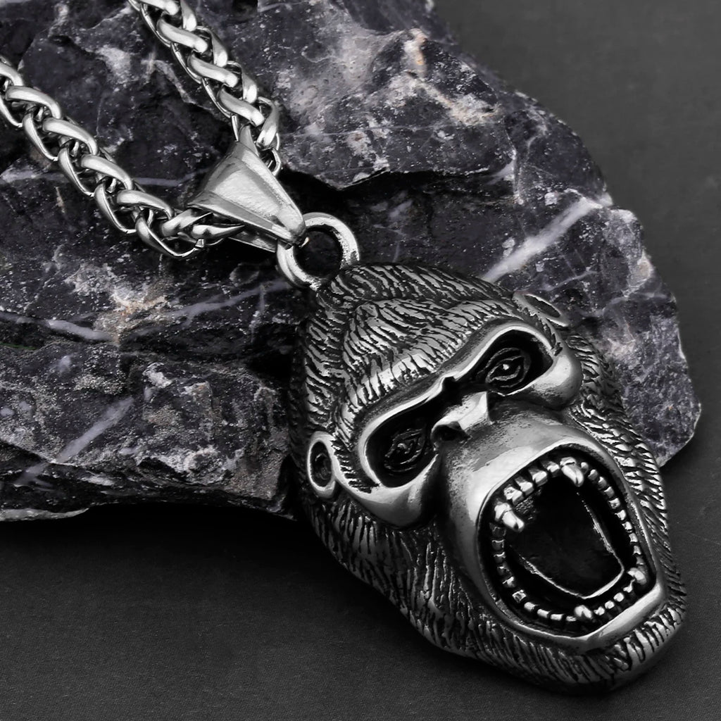 Stainless Steel Animal Gorilla Pendant Necklace Men's Domineering Roar Necklace Biker Vintage Punk Chain Jewelry Party