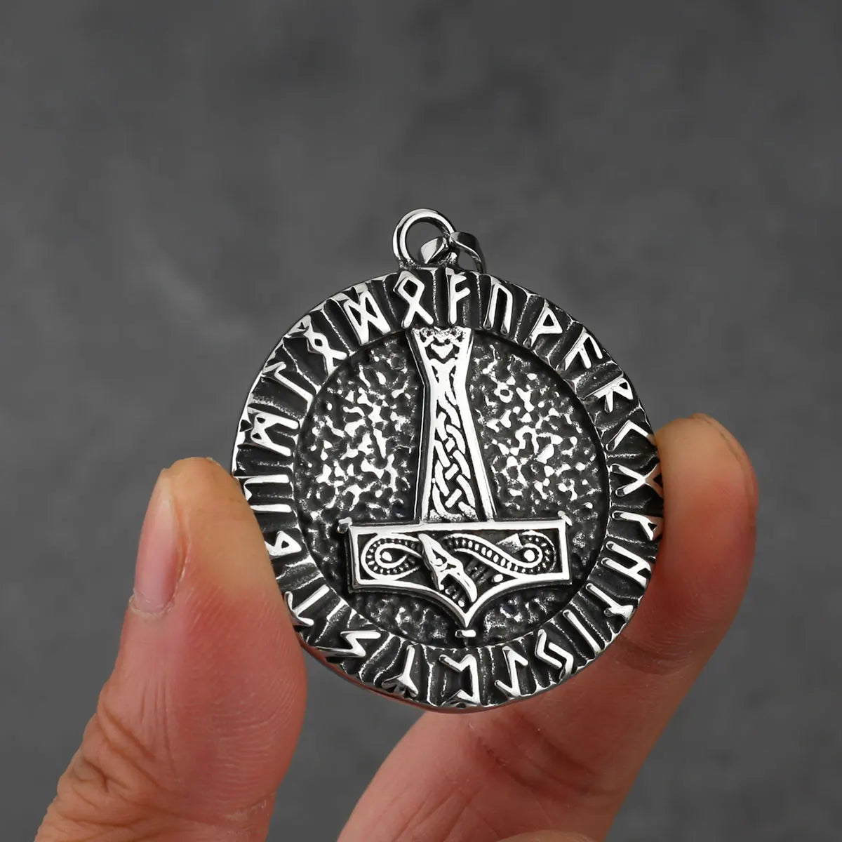 Viking Thor's Hammer Round Pendant Necklace — Stainless Steel