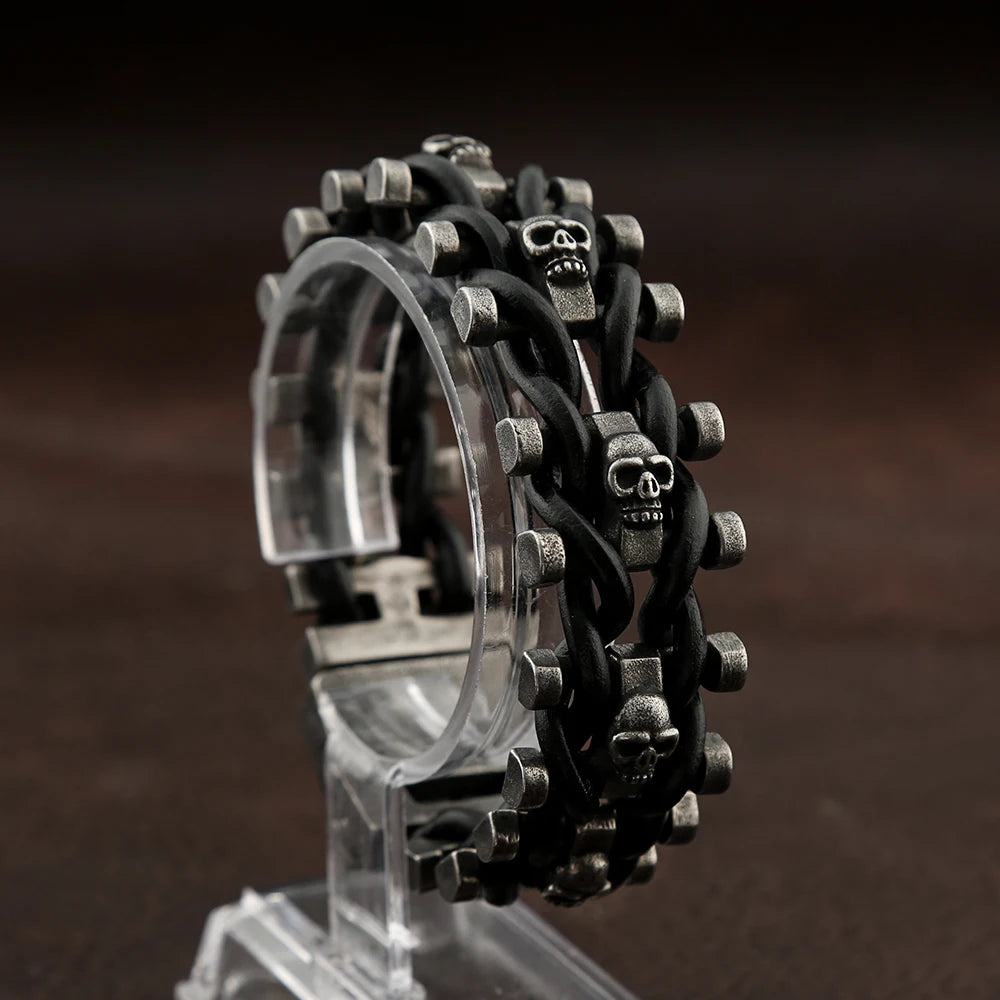 Skull Leather Bracelet Black — 316L Stainless Steel