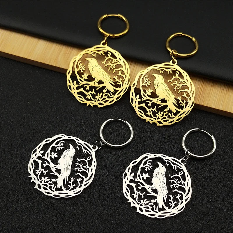 Tree Of Life Steel Earrings Gothic Crow Bird Dangle