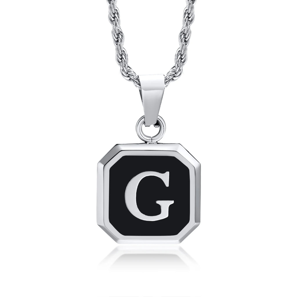 Initials Necklaces for Men Women,A-Z 26 Letters Black Square Stainless Steel Pendant Collar,45-60CM Twisted Rope Chain