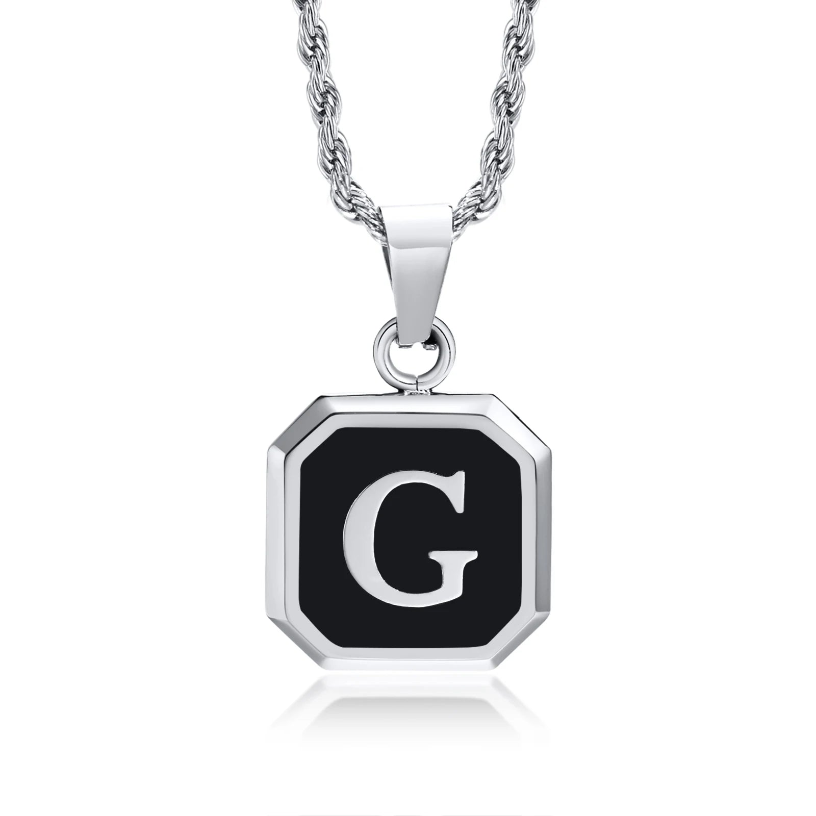 Initials Necklaces for Men Women,A-Z 26 Letters Black Square Stainless Steel Pendant Collar,45-60CM Twisted Rope Chain