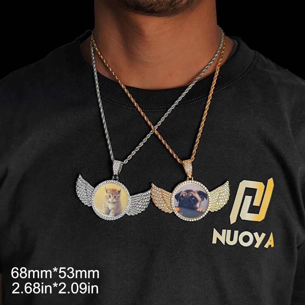 Angel Wing Photo Pendant Necklace Iced Out CZ